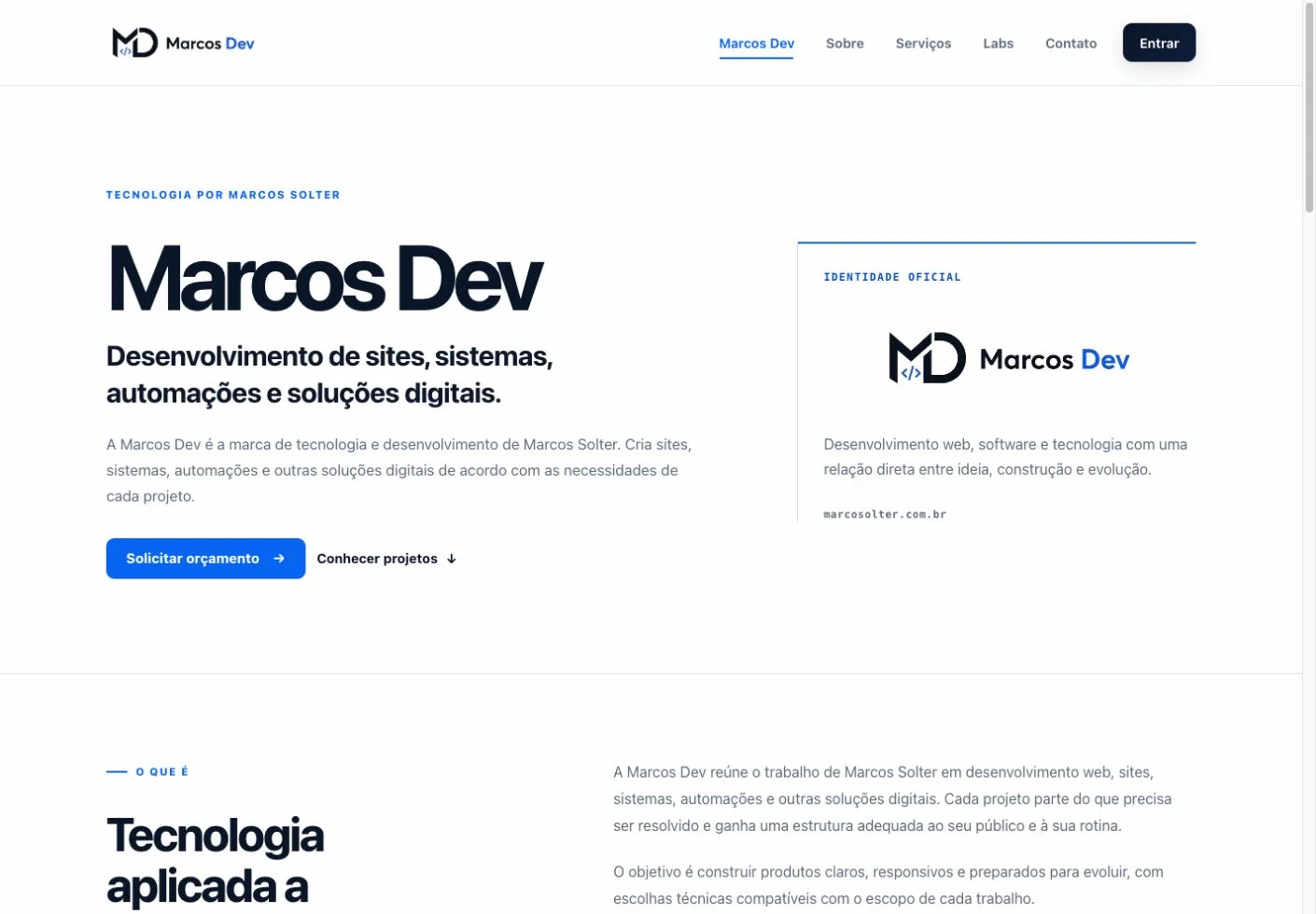 Página institucional da Marcos Dev com apresentação da marca e botões para orçamento e projetos